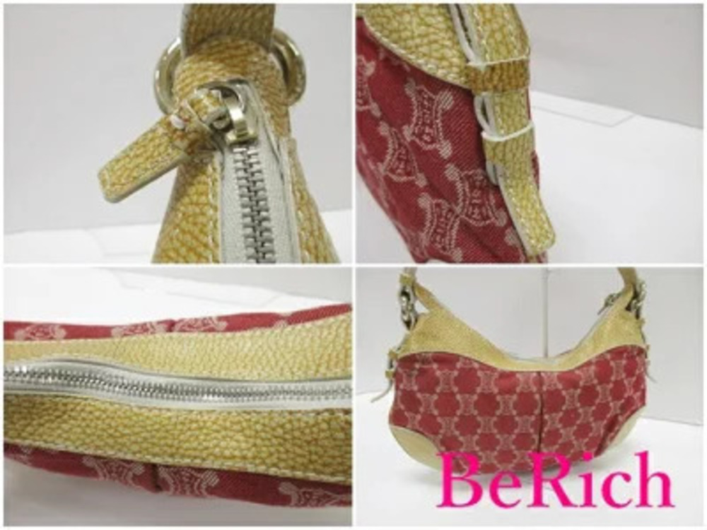Celine Paris Macadam Shoulder Bag Red Brown Canvas Leather Blazon - Picture 5 of 7